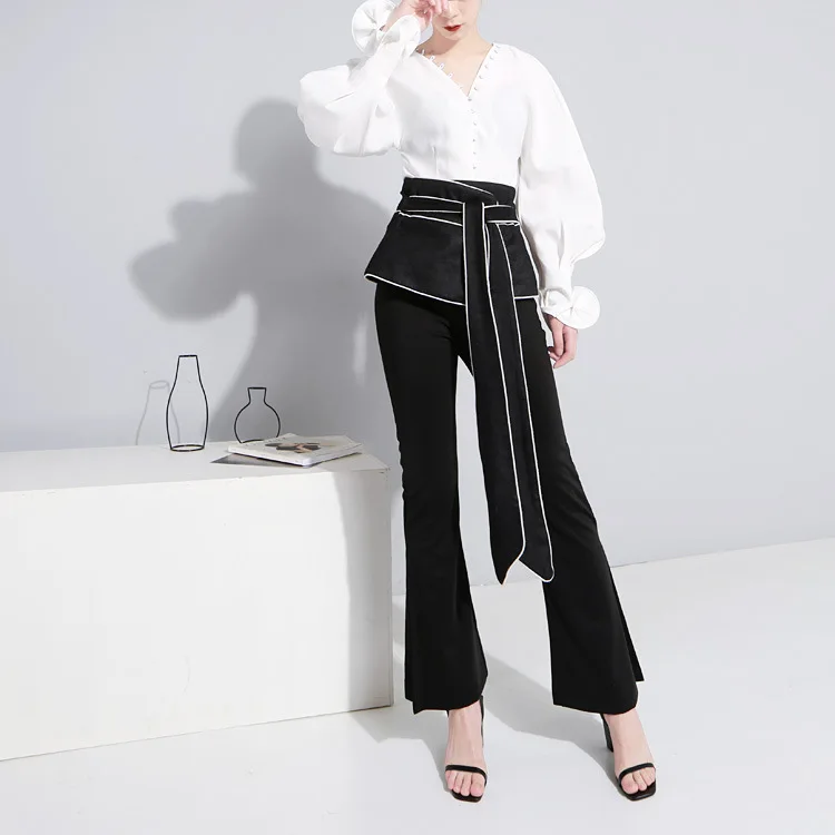 [EAM] 2019 New Spring Summer V-collar Long Puff Sleeve White Loose Button Stitch Temperament Shirt Women Blouse Fashion JI005