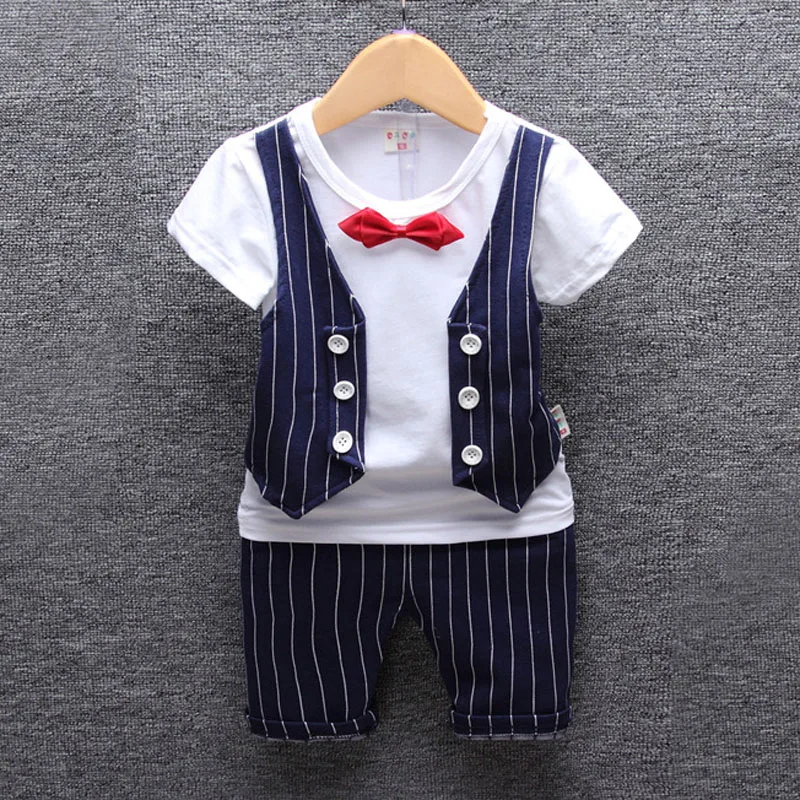 

Boy Clothes with Bow Clothing Set Tie Formal Summer Toddler Boy Party Birthday Short Sleeve Gentleman Stripe Outfits