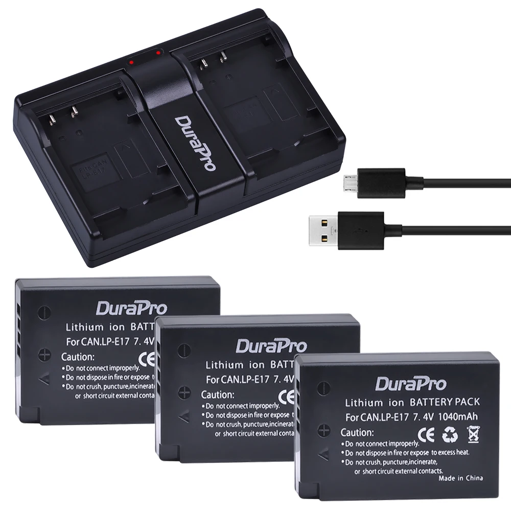 3Pcs 7.4V 1040mAh LP E17 LPE17 LP E17 Battery + USB Dual Charger for