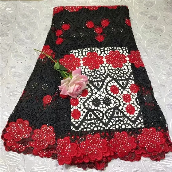

Hot Sale French Lace Fabric Black + Red Nigeria Lace Fabric High Quality African Tulle Lace Fabric For Wedding Party Dress(2-19