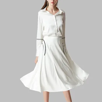 

HAMALIEL Runway Spring 2 Piece Set White Women Embroidery Floral Shirt Blouse Suits + High Waist Big Swing Midi Skirt Suits