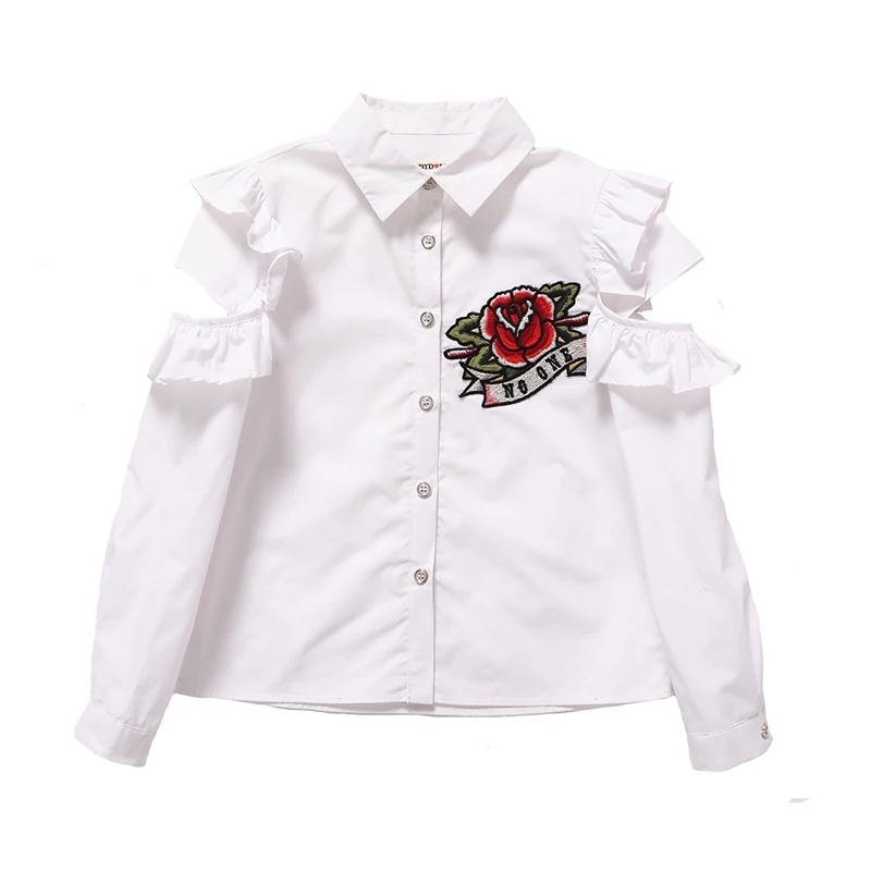 

2019 Floral Girls School Shirt Children Cotton Blouses Long Sleeve Rose Embroidery Turn-down Collar Clothing for Child 24M-7Y