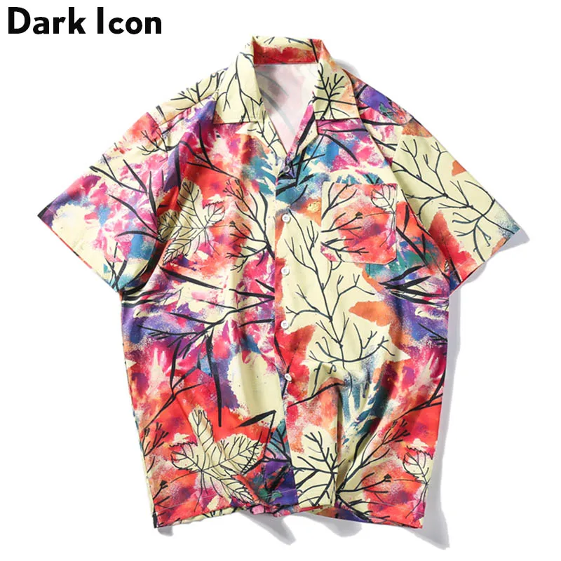 

Dark Icon Print Beach Vacation Shirts Men 2019 Summer Street Men's Shirt Hip Hop Shirts Men