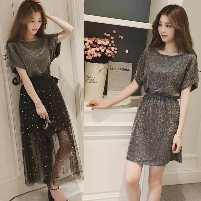 2Pcs/Set Summer Elegant Women Dresses Set Ladies Cotton T Shirt Top+ Mesh Femme Dress Set