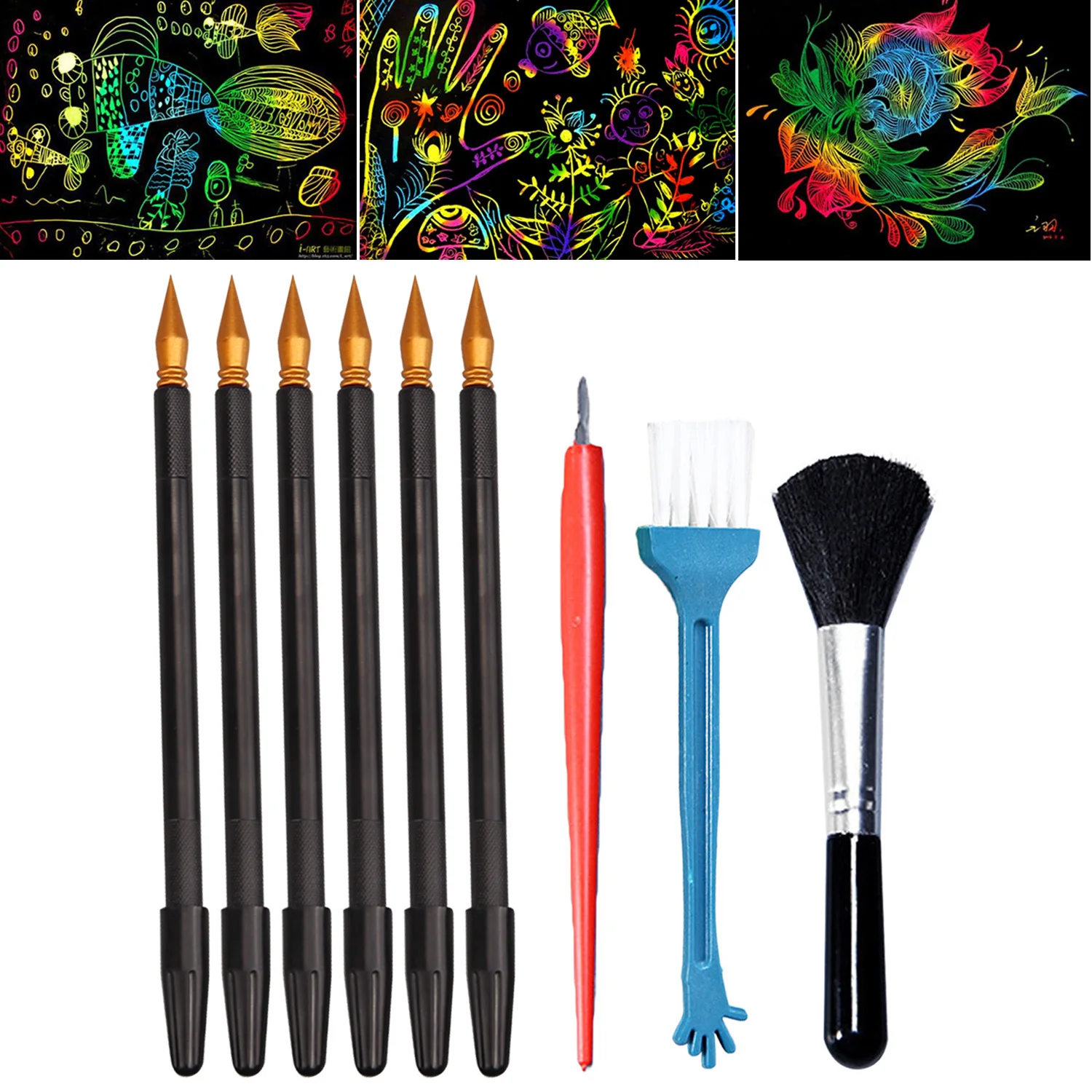 

6PCS Dual-Tip Scratch Pens 1PCS Scraper 2PCS Brushes Scratch Art Tools for Kids Children Birthday Christmas Gift