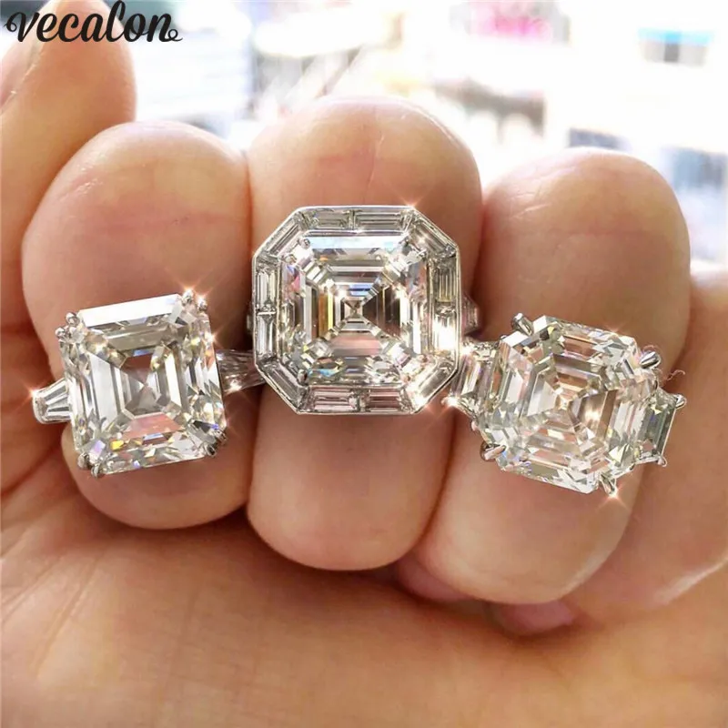 Кольцо Vecalon Promise, серебро 925 пробы, Asscher cut 5ct AAAAA Cz, массивные обручальные кольца для женщин, свадебные ювелирные изделия