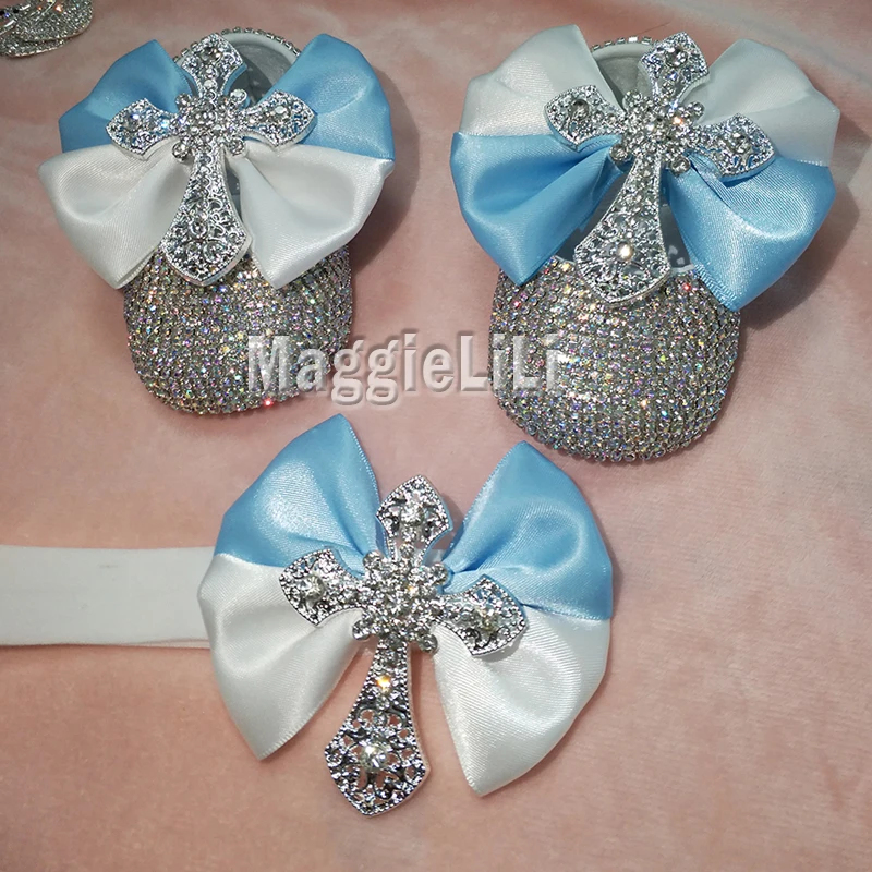 

blue bowknot Custom Sparkle Bling crystals AB Rhinestones Baby girls shoes infant 0-1Y ribbon shoes First Walkers hairband 9217