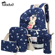 4Pcs/Sets 2017 Women Backpacks Cartoon Rabbit Printing School Backpack Canvas Schoolbags for Teenage Girls Students Bag Children
