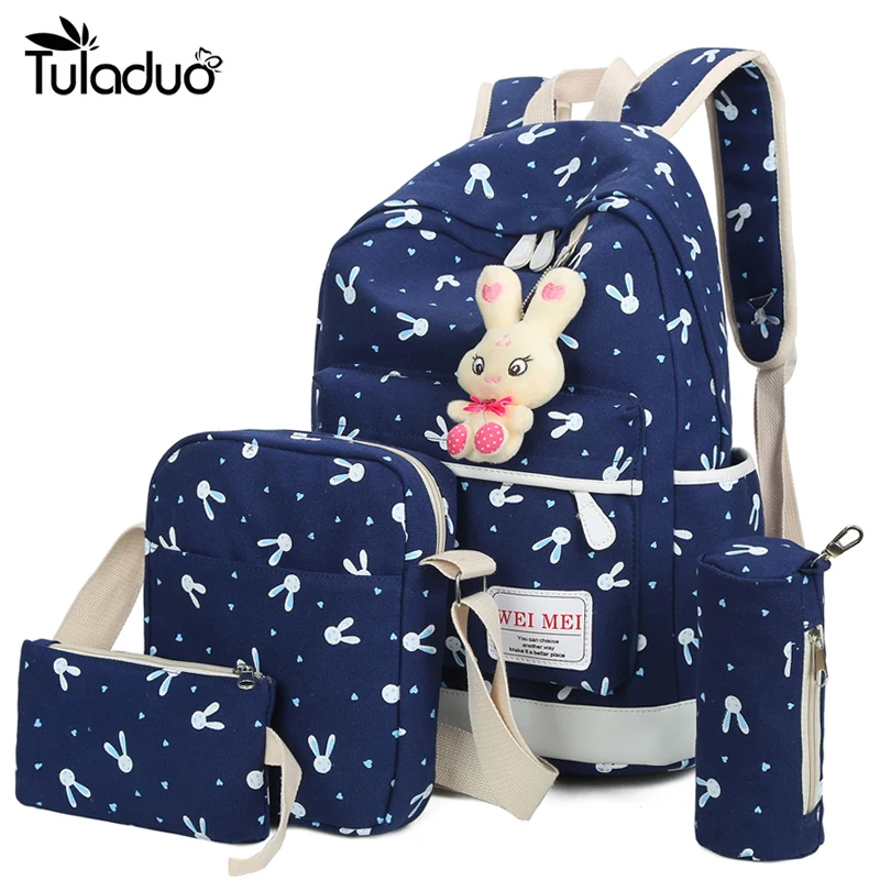 

4Pcs/Sets 2018 Women Backpacks Cartoon Rabbit Printing School Backpack Canvas Schoolbags for Teenage Girls Students Bag Children