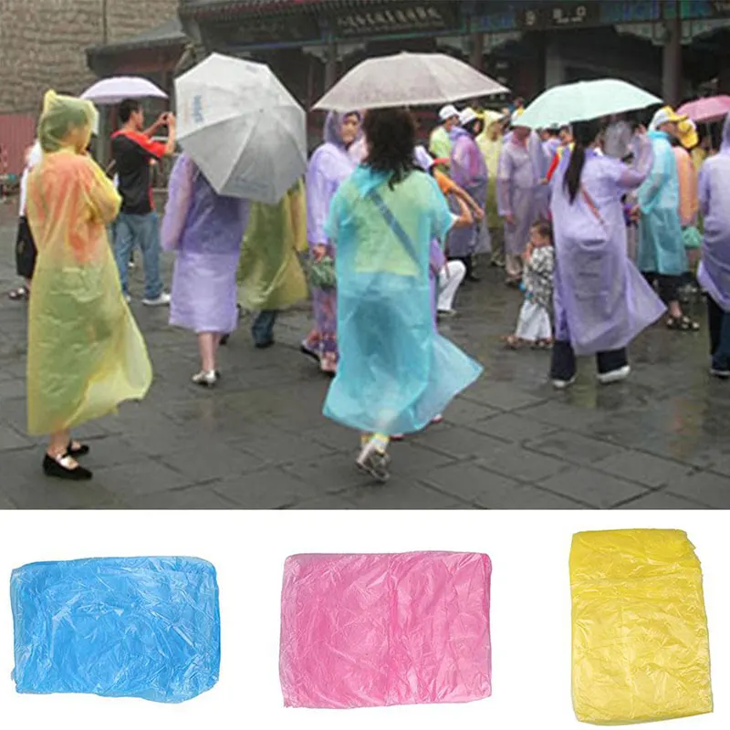 

Disposable Poncho Rain Coat Hood Colorful Plastic Mantle Hiking Cloak Unisex Raincoat Outdoor Cover Emergency Waterproof