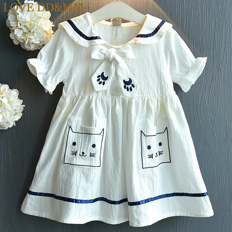 

LOVE DD&MM Girls Dresses 2019 Summer New Children's Wear Girls Cute Casual Navy Animal Print Pocket Lapels Lace Dress