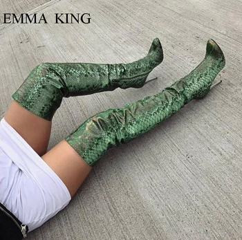 

Sexy Green Snakeskin Autumn Winter Boots Women Zipper Stilettos Over Knee Bottes Femme Nightclub Party High Heels Shoes Woman