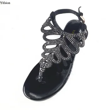 

Olomm Women Gladiator Sandals Sexy Rhinestone Flat With Sandals Open Toe Gorgeous Black Party Shoes Women US Plus Size 5-15