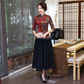 

New Vintage Chinese style Blouse Skirt Sets Women Silk Shirt Mandarin Collar 2pc Clothing Summer Qipao Button Dress Size S-XXXL