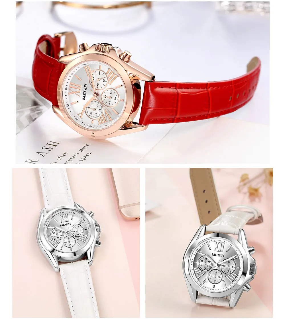 MEGIR женские кварцевые часы с хронографом, кожаные повседневные наручные часы для девушек, Топ бренд, 24 часа, Relogios Femininos, часы, 2114 белый цвет