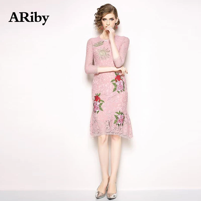 

Dress Women Vestidos Sweet Lace Pink Dress 2019 Spring Elegant High-end Floral Embroidery Party Night O-Neck Knee-Length Dress