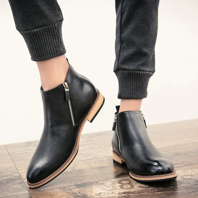 

Ankle Round Toe Zip Men Chelsea Boots Low Sewing Solid Vintage Motorcycle Boots Leisure British Style Shoes