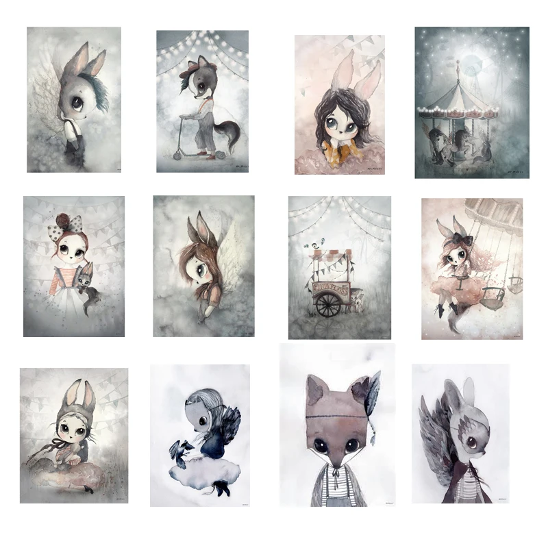 Современный кролик девушки Ангел живопись на холсте, мультфильмы спрей цвет художественный плакат Дети Детская комната скандинавские настенные фрески