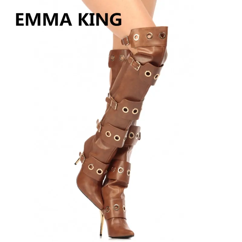 

Spring Brown Over The Knee Boots Women Pointed Toe Sexy Thin High Heels Ladies Metal Ring Buckle Shoes Woman Thigh High Boots