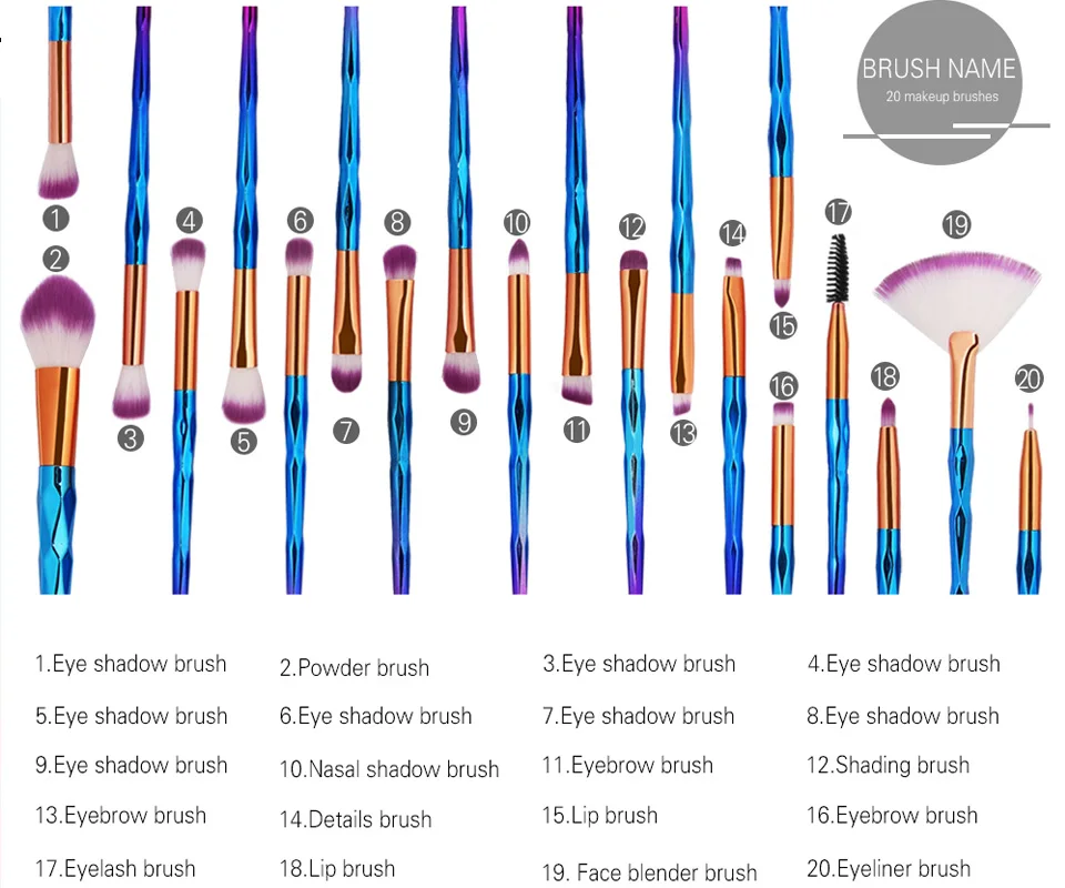 SinSo 10-21 шт. Русалочка алмазные кисти для макияжа Набор рыбий хвост основа Румяна Тени для век макияж кисти контур смешивание кисти комплект