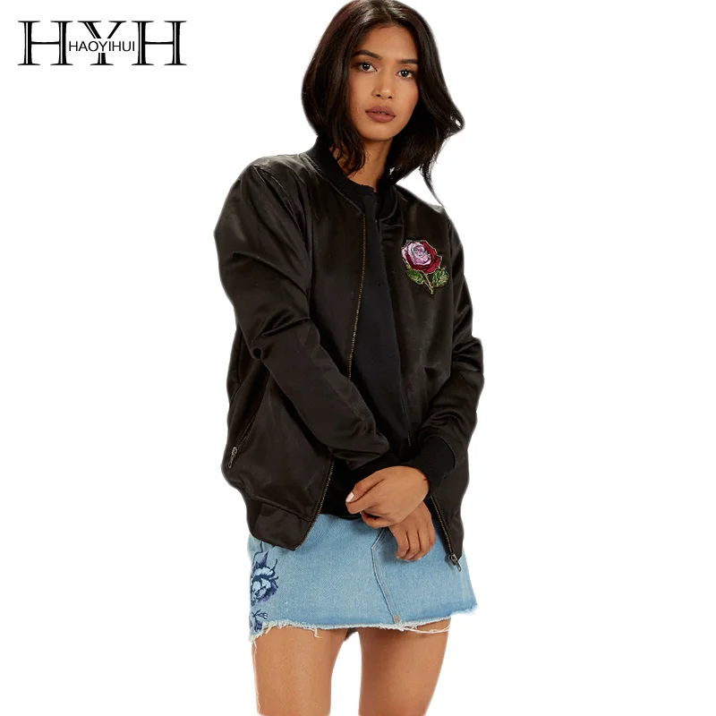 

HYH HAOYIHUI 2018 Fashion Solid Black Jacket Women Embroidery Floral Zipper Long Sleeve Coat Female Pocket Casual Tops Lady bts