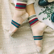 Летние корейские модные носки прозрачных полосатых кристаллов в японском стиле милые стеклянные кружевные нейлоновые носки прикольные носки W1234