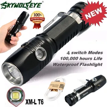 

High Quality skywolfeye XML T6 LED Flashlight 18650 Battery+USB Rechargeable+Side Red LED Lights