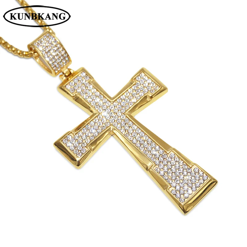 

Hip Hop Stainless Steel Cross Pendant Necklace Men Gold Color Box Chain Paved Rhinestones Christian Necklace Male Jewelry Gift