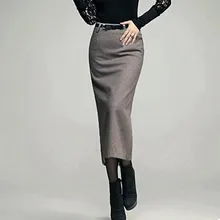 Женская Весенняя Осенняя юбка размера плюс, однотонная, средняя, прямая, 70%, шерстяная, до середины икры, юбки для женщин, зимняя, более размера d, тонкая, с разрезами, шерстяная юбка-карандаш