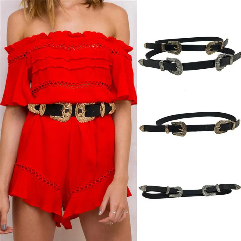 Boho Lady Vintage Metal Leather Double Buckle Waist Belt Waistband belts for Women Fashion Accessory 40FE0210