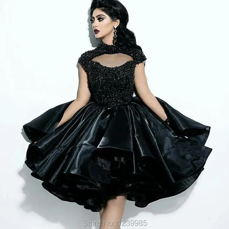 Black Puffy Prom Dress 2017 High Neck Cap Sleeves Ruffle Pearls Muslim