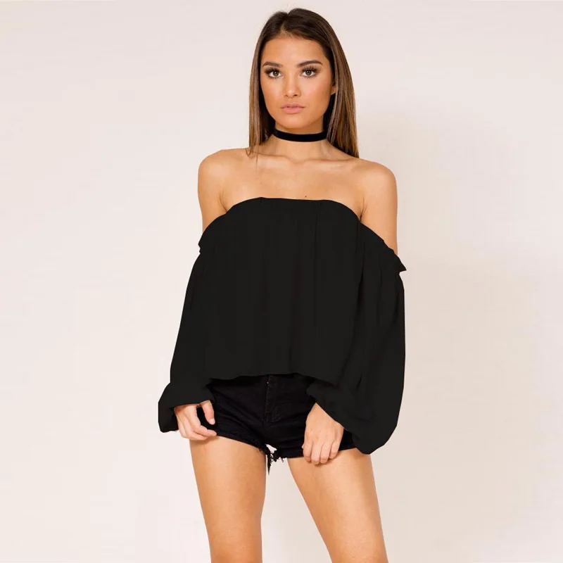 SINFEEL 2018 Summer White Tunic Chiffon Blouses Women Sexy Off Shoulder Long Sleeve Top Femme Short Shirts Ladies Office Fashion