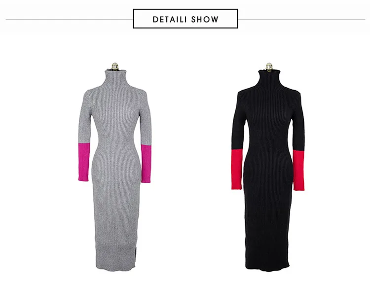 Женское вязаное длинное платье с высоким воротом, Новое поступление, зимнее офисное платье с длинным рукавом, облегающее серое платье-свитер