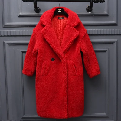 red Новые модные Для женщин овечьей шерсти куртка осень-зима теплая свободная толстые хлопковые длинные пальто однотонные женские шубы одежда - Цвет: red