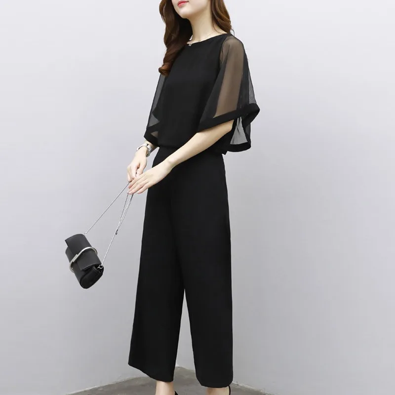 

Chiffon Black Women Fashion O-Neck Solid Top And Ankle-Length Wide Leg High Waist Pants Set ensemble femme 2019 New Arrival