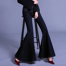 Демисезонный середины талии Джинсы для женщин в стиле ретро Фиштейл большой Брюки Для женщин длинные джинсовые Мотобрюки тонкий клеш Джинсы для женщин w1201