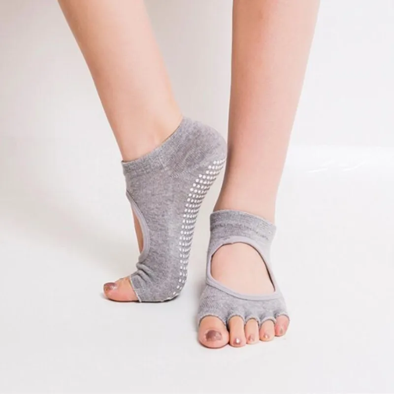 Женские носки для йоги без спинки с пятью носками, противоскользящие, дышащие, с захватом на лодыжке, носки в горошек, Пилатес фитнес спортзал, женские спортивные носки - Цвет: Серый