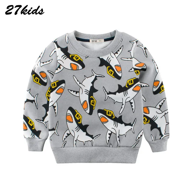 27kids 2-9Year Cartoon Shark Print Children’s Sweatshirt 6 Years Autumn Winter Warm Sweatshirt for Children sudadera boy