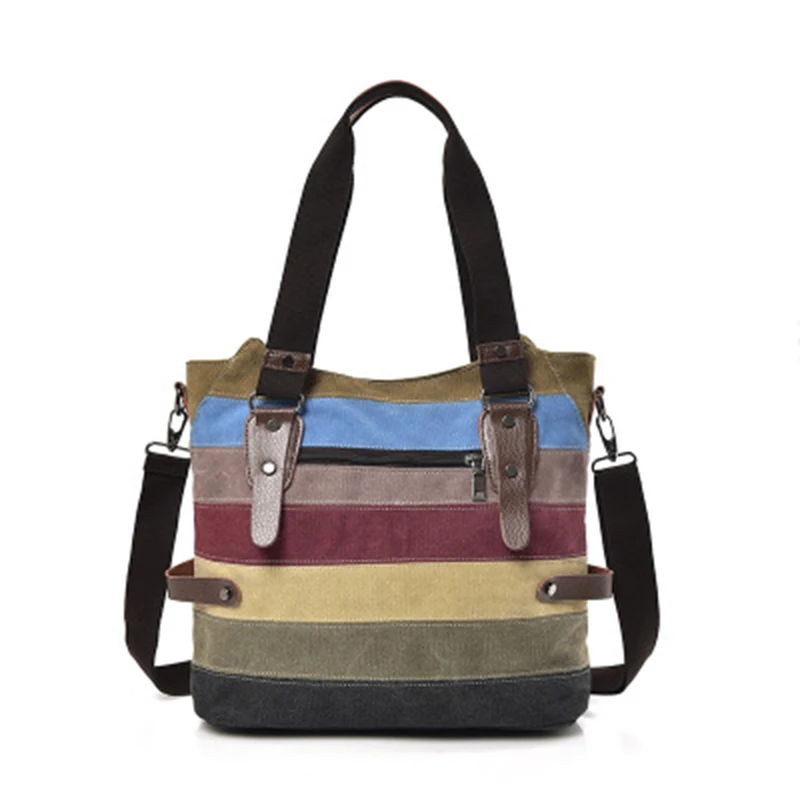 Canvas contrast color shoulder slung female ladies bag Korean version of canvas color striped portable contrast color bag
