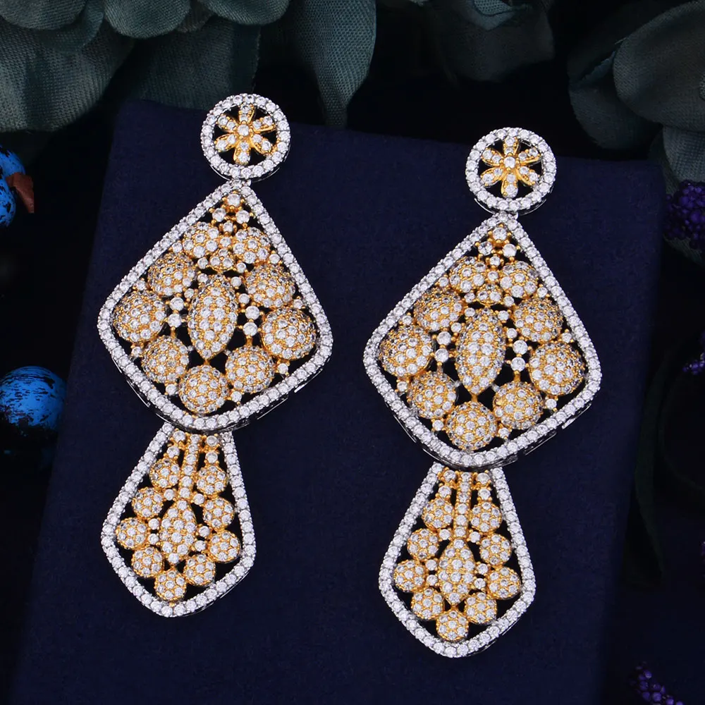 

GODKI 68mm Luxury Flower Trendy Gold Silver 2 Tone Mixed Zirconia Naija Wedding Party Earring Fashion Jewelry for Women