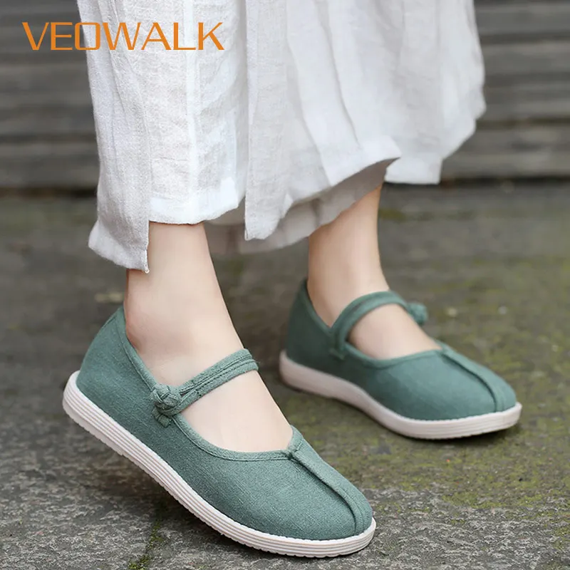 

Veowalk Handmade Women Linen Cotton Flat Plaforms Vegan Ladies Comfort Soft Canvas Mary Janes Retro Casual Chinese Hanfu Shoes