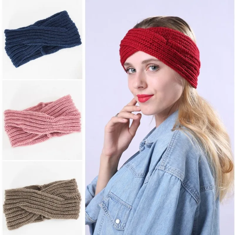

Handmade Knitted Hair Headdress Set Stripe Slanting Cross Wool Loose Warm Lady's Hair Band and Headband
