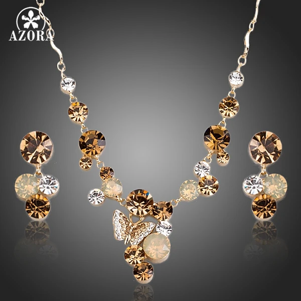 AZORA Gold Plated Butterfly Stellux Austrian Crystal Pendant Necklace and Drop Earrings Jewelry Sets TG0155