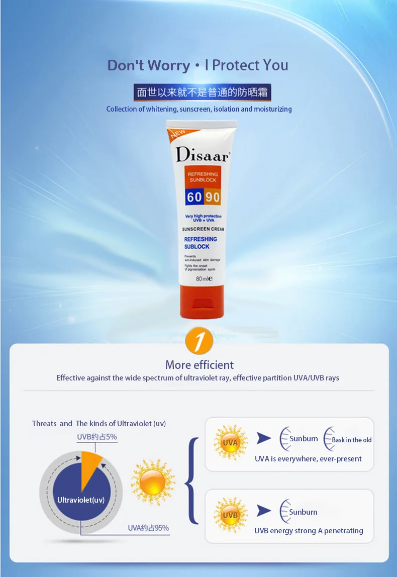 Disaar солнцезащитный крем Spf 90++ увлажняющий защита кожи солнцезащитный крем 80 г уход за лицом предотвращает повреждение кожи, Удаляет пигментные пятна
