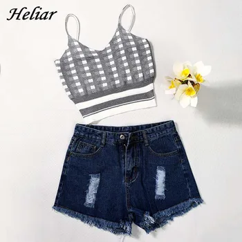 

Heliar Two Pcs Outfits Pladis Knitting Tops And Hot Short Jeans Women Casual Pajamas 2019 Summer Female Two Pcs Fashion Suits