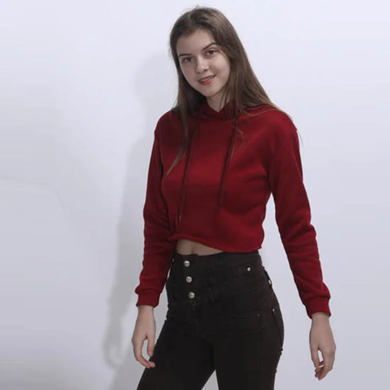 2018 Hot Sale Hoodies Solid Crop Hoodie Long Sleeve Jumper