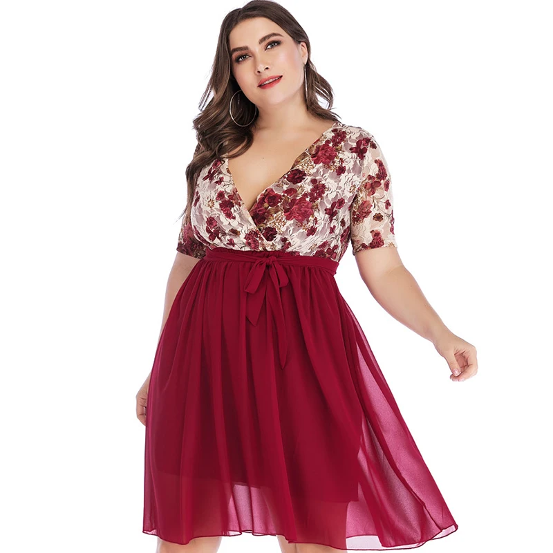 

WHZHM Work A-Line 5XL Plus Size 3XL 4XL Full Sleeve Dress Women Vestido Mesh Red Deep V-Neck Party Sexy Sashes Lace Dress Femme