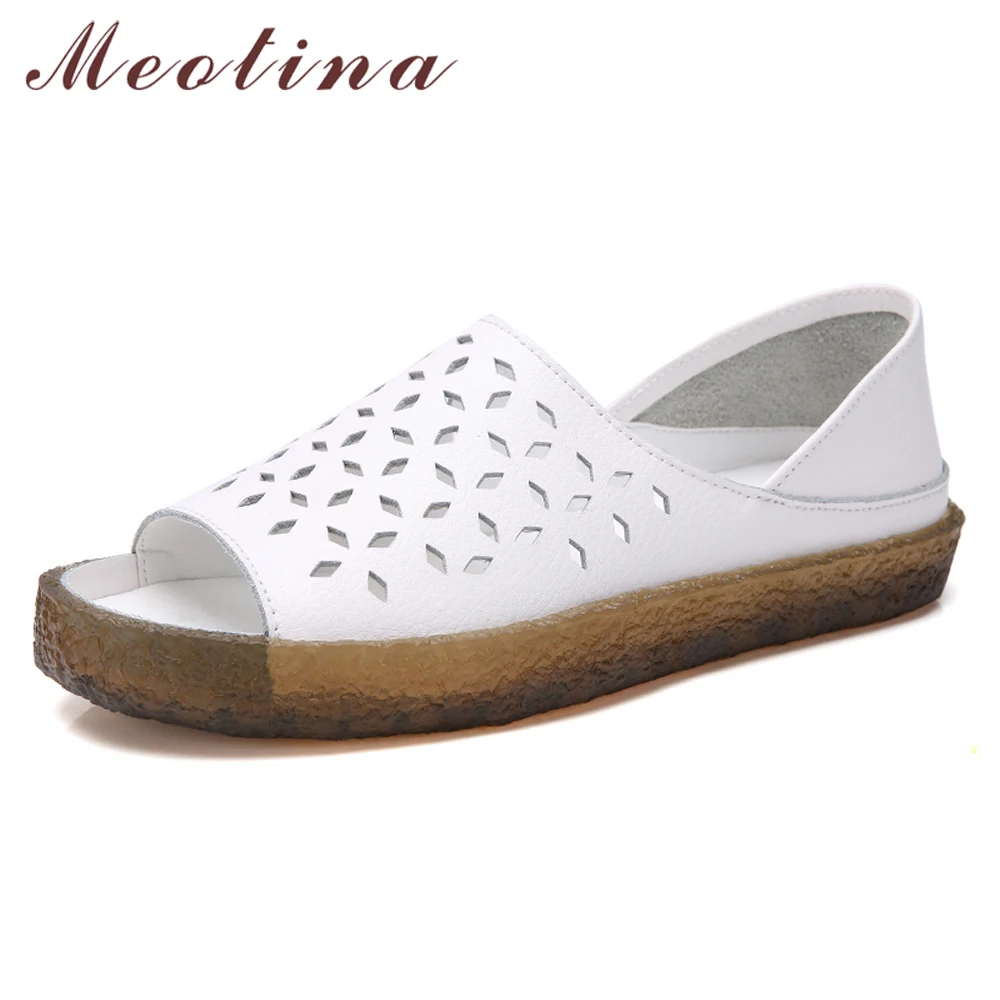 

Meotina Summer Flats Women Shoes Cow Leather Flat Casual Shoes Cutout Open Toe Fashion Footwear Lady Creepers White Size 35-40