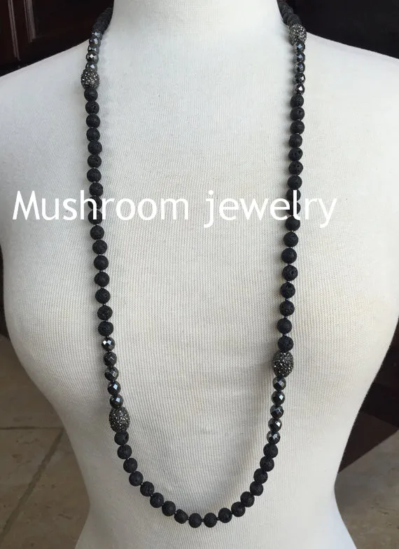 N00255Single Wrap Layering Necklace. Black Lava Beads with Faceted Hematite and Pave Crystal Gunmetal Ovals (2)