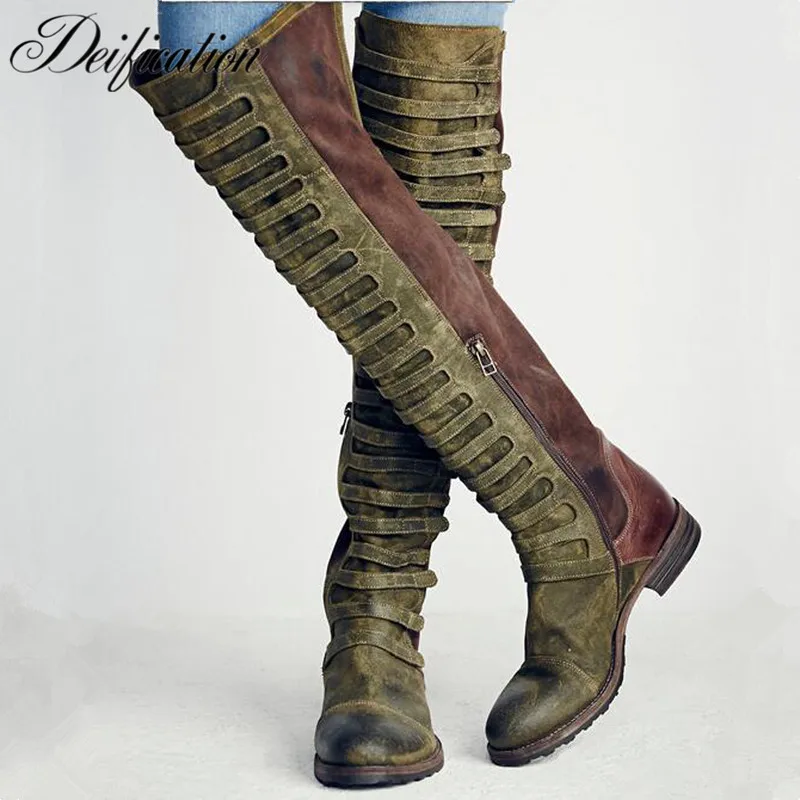 

Deification Gorgeous Cow Suede Thigh High Boots Italian Caged Straps Booties Mujer Motorcycle Runway Woman Shoes Zapatos Mujer